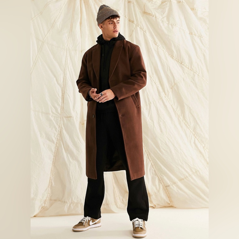 ASOS DESIGN - Brown Wool Look Overcoat - Small